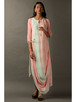 "Two Sisters" by Gyans - Pastel Pink & Blue Georgette Embroidered Draped Dress