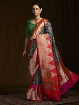 WeaverStory - Handloom Banarasi Dupion Silk Saree with Self Weave Jaal & Temple Border