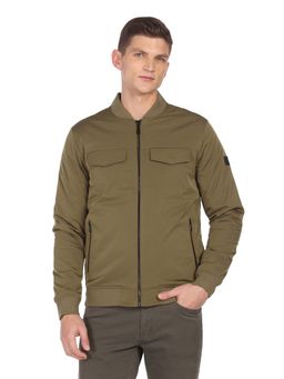 Arrow Newyork - Men Olive Stand Neck Solid Bomber Jackets