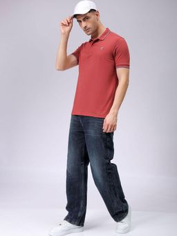 The Indian Garage Co - Men Slim Fit Solid Polo Collar T-shirt Rust