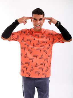 The Indian Garage Co - Men Boxy Oversized Printed Crew Neck T-shirt Orange