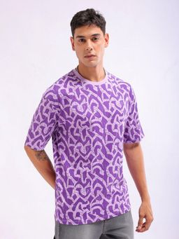 The Indian Garage Co - Men Boxy Oversized Printed Crew Neck T-shirt Purple