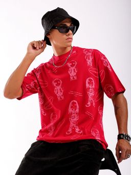 The Indian Garage Co - Men Boxy Oversized Graphic Printed Crew Neck T-shirt Red