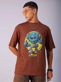 The Indian Garage Co - Men Boxy Oversized Placement Print Crew Neck T-shirt Brown