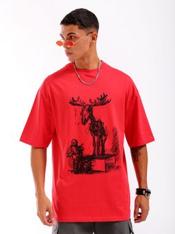 The Indian Garage Co - Men Oversized Placement Print Crew Neck T-shirt Red