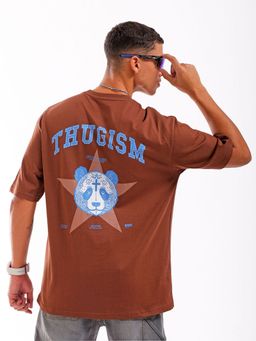 The Indian Garage Co - Men Boxy Oversized Graphic Back Printed Crew Neck T-shirt Brown