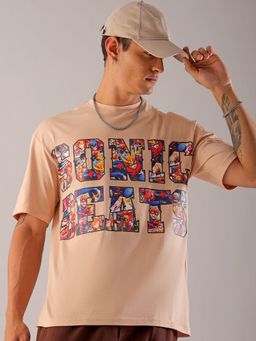 The Indian Garage Co - Men Boxy Oversized Placement Print Crew Neck T-shirt Beige