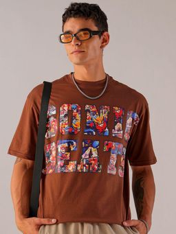 The Indian Garage Co - Men Boxy Oversized Placement Print Crew Neck T-shirt Brown