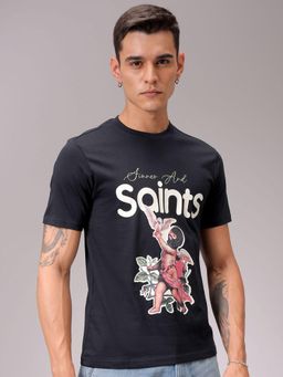 The Indian Garage Co - Men Slim Fit Placement Print Crew Neck T-shirt Black