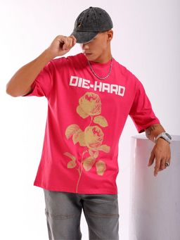 The Indian Garage Co - Men Boxy Oversized Placement Print Crew Neck T-shirt Pink