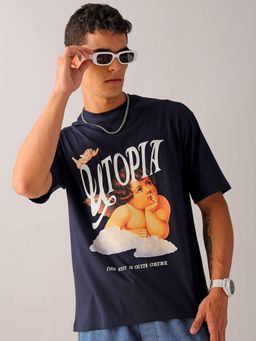 The Indian Garage Co - Men Boxy Oversized Placement Print Crew Neck T-shirt Navy Blue