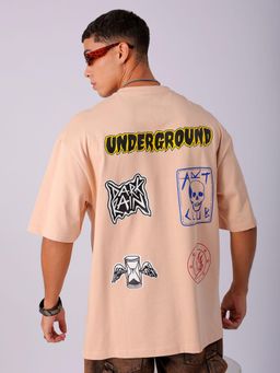 The Indian Garage Co - Men Oversized Graphic Back Printed Crew Neck T-shirt Beige