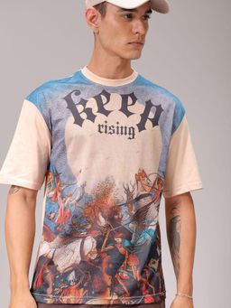 The Indian Garage Co - Men Boxy Oversized Placement Print Crew Neck T-shirt Beige