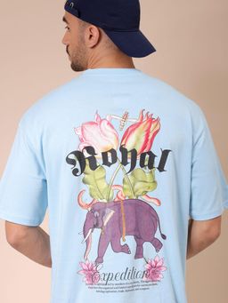 The Indian Garage Co - Men Boxy Oversized Graphic Back Printed Crew Neck T-shirt Blue