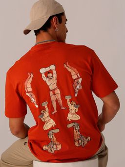 The Indian Garage Co - Men Boxy Oversized Graphic Back Printed Crew Neck T-shirt Orange
