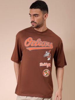 The Indian Garage Co - Men Boxy Fit Placement Print Crew Neck T-shirt Brown