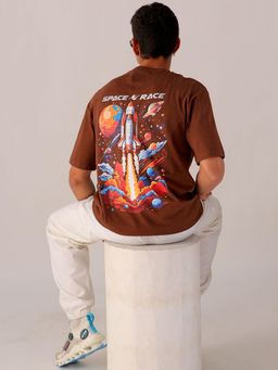 The Indian Garage Co - Men Boxy Oversized Graphic Back Printed Crew Neck T-shirt Brown