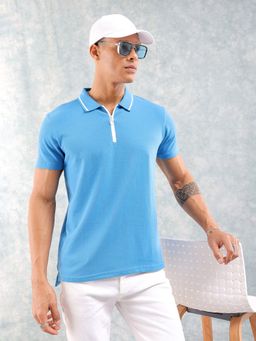 The Indian Garage Co - Men Slim Fit Solid Polo Collar T-shirt Blue