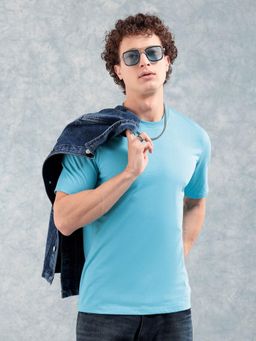 The Indian Garage Co - Men Slim Fit Solid Crew Neck T-shirt Blue