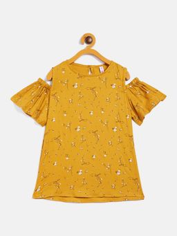 CRIMSOUNE CLUB - Girls Mustard Printed Cold Shoulder Top