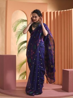 Beatitude - Blue Jacquard Jamdani Saree with Unstitched Blouse