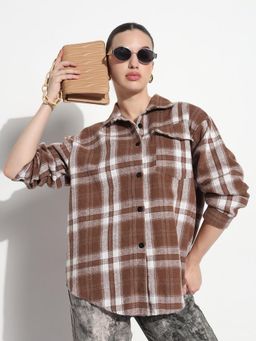 SHOWOFF - Edition Women Tartan Checks Brown Oversized Shirt