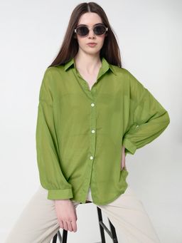 SHOWOFF - Women Green Relaxed Fit Semi Sheer Shirt