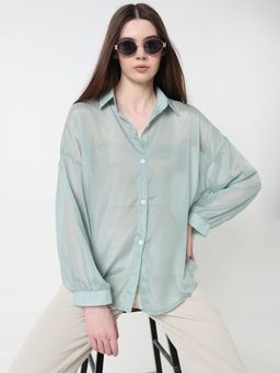 SHOWOFF - Women Sea Green Relaxed Fit Semi Sheer Shirt