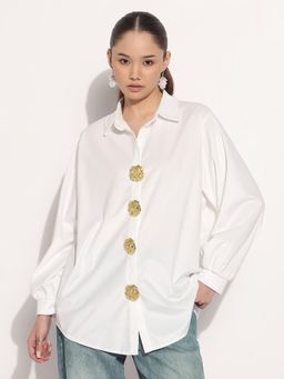 SHOWOFF - Edition Women Velvet White Relaxed Fit Shirt With Brooch (Set of 2)