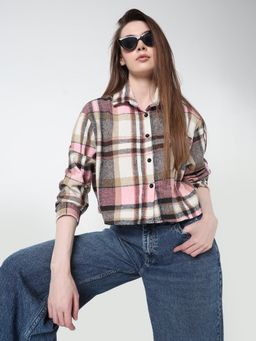 SHOWOFF - Women Tartan Checks Pink Regular Fit Crop Shirt