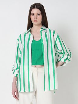 SHOWOFF - Women Vertical Stripes Green Regular Fit Shirt With Cami Top (Set of 2)