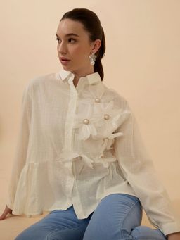 SHOWOFF - Edition Women Textured Beige 3D Floral Applique Shirt