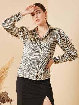 RARE - Women Casual Cream Regular Fit Printed Regular Sleeves Spread Collar Shirt