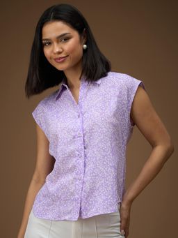 RARE - Women Casual Purple Regular Fit Printed No Sleeves Spread Collar Shirt