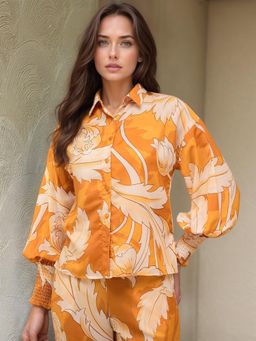 RARE - Women Party Mustard Regular Fit Printed Puff Sleeves Spread Collar Shirt