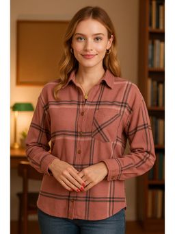 RARE - Women Formal Brown Regular Fit Checked Regular Sleeves Spread Collar Shirt