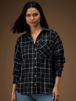 RARE - Women Formal Black Regular Fit Checked Regular Sleeves Spread Collar Shirt