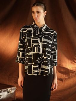 Kazo - Pinto Black Crepe Geometric Shirt