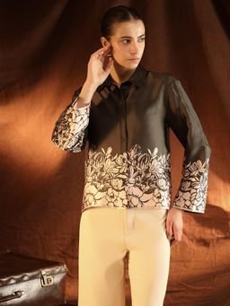 Kazo - Vicky Olive Satin Floral Shirt