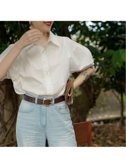 Outzidr - White Boxy Shirt with Puff Sleeves