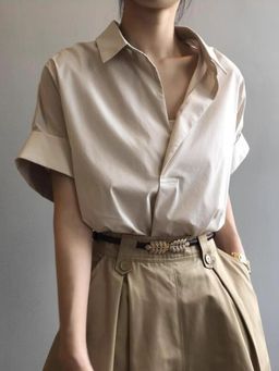 Outzidr - Beige Boxy Shirt with Rolled Short Sleeves