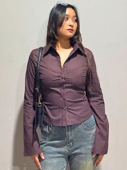 Outzidr - Buttoned Striped Bell Sleeve Shirt