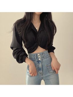 Outzidr - Black Front Knotted Party Shirt