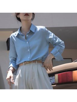 Outzidr - Blue Striped Button Down Street Style Shirt