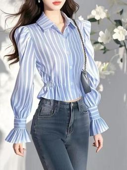 Outzidr - Blue Full Sleeved Sinched Waist Shirt