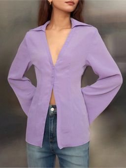 Outzidr - Purple Collar Neck Flared Sleeve Casual Shirt