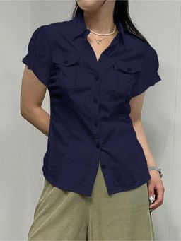 Outzidr - Navy Blue Half Sleeved Dual Front Pocket Street Style Shirt