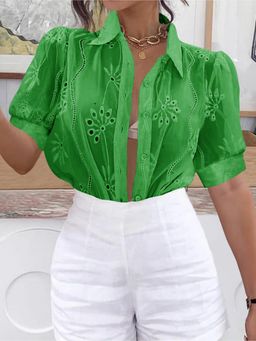 Outzidr - Green Puff Sleeved Schiffli Shirt
