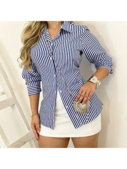 Outzidr - Navy Blue Regular Striped Street Style Shirt