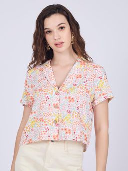 Outzidr - White Notch Collar Cropped Shirt